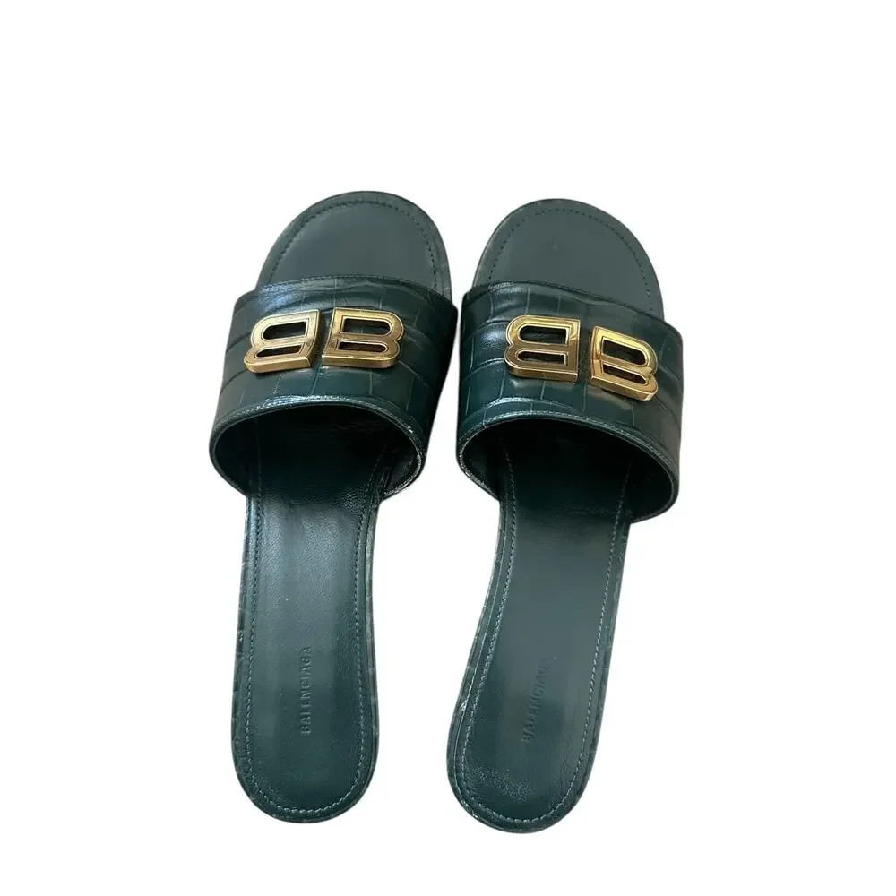 Balenciaga Groupie BB Sandal in Green Croc-Embossed Calfskin leather Size 37.5